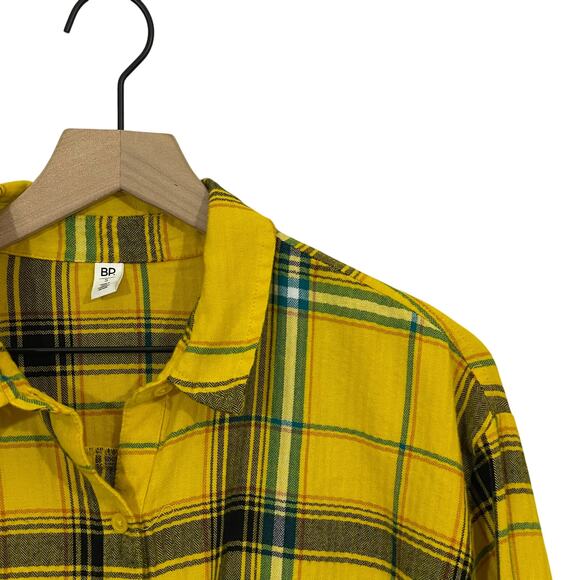 BP Plaid Frayed Hem Flannel Button Up Top - Yellow Multi - Small - Picture 7 of 11
